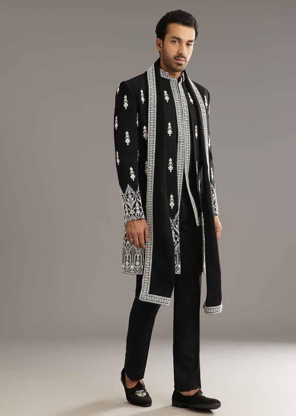 Black Indo Western Set With Embroidery On Japanese Fabric