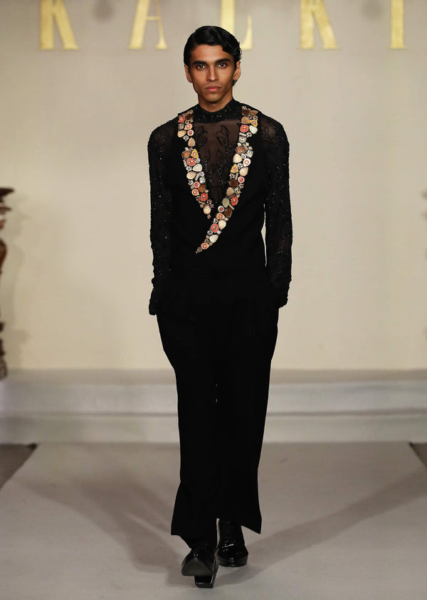Black Indo Western Suit For Men With Stone Embroidery