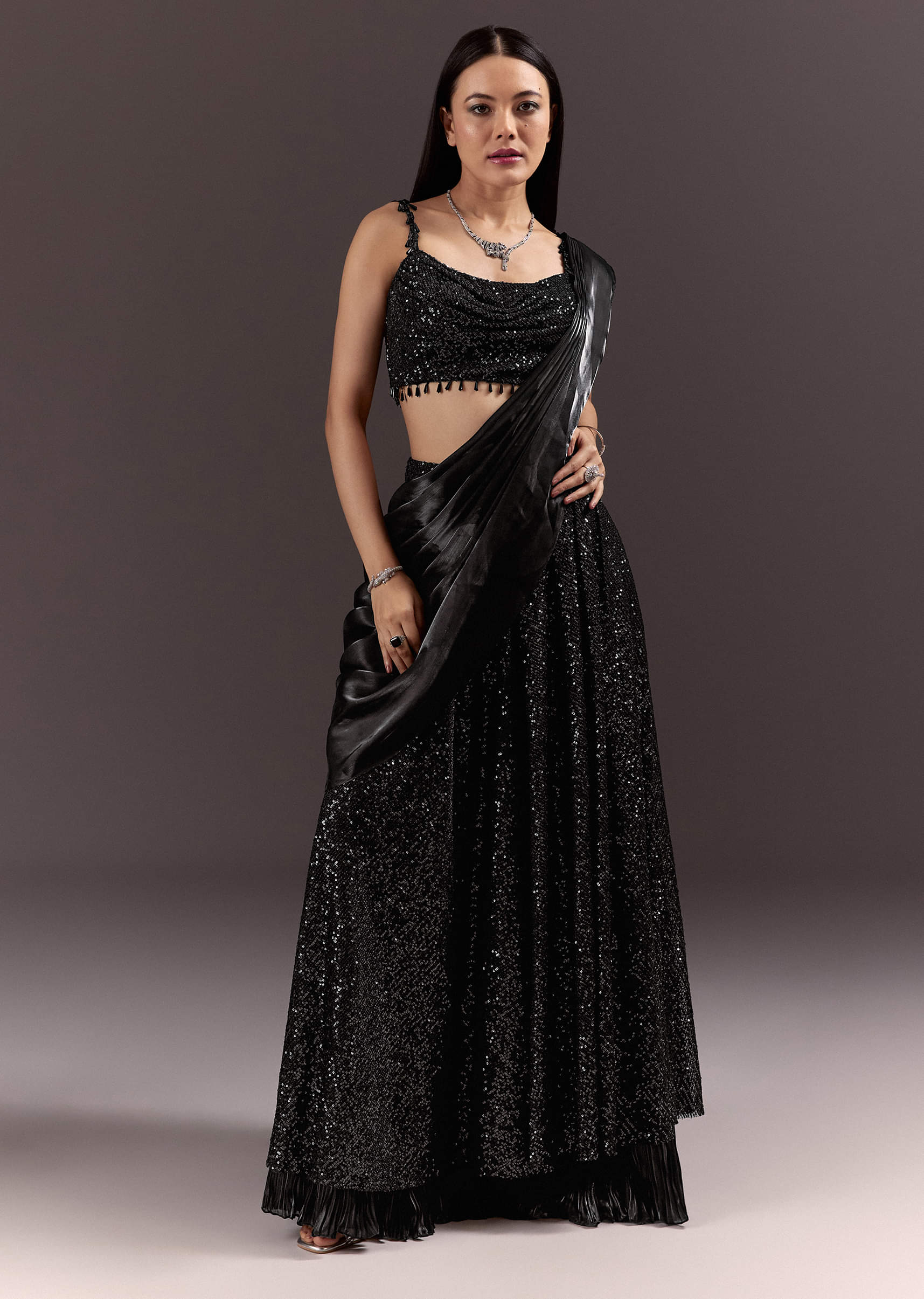 Black Indowestern Sharara Suit With Cowl Blouse With Attached Pallu Attached