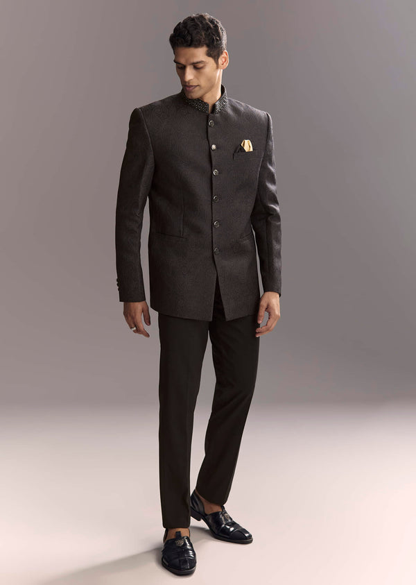 Black Jacquard Jodhpuri Suit For Men With Subtle Paisley Motifs