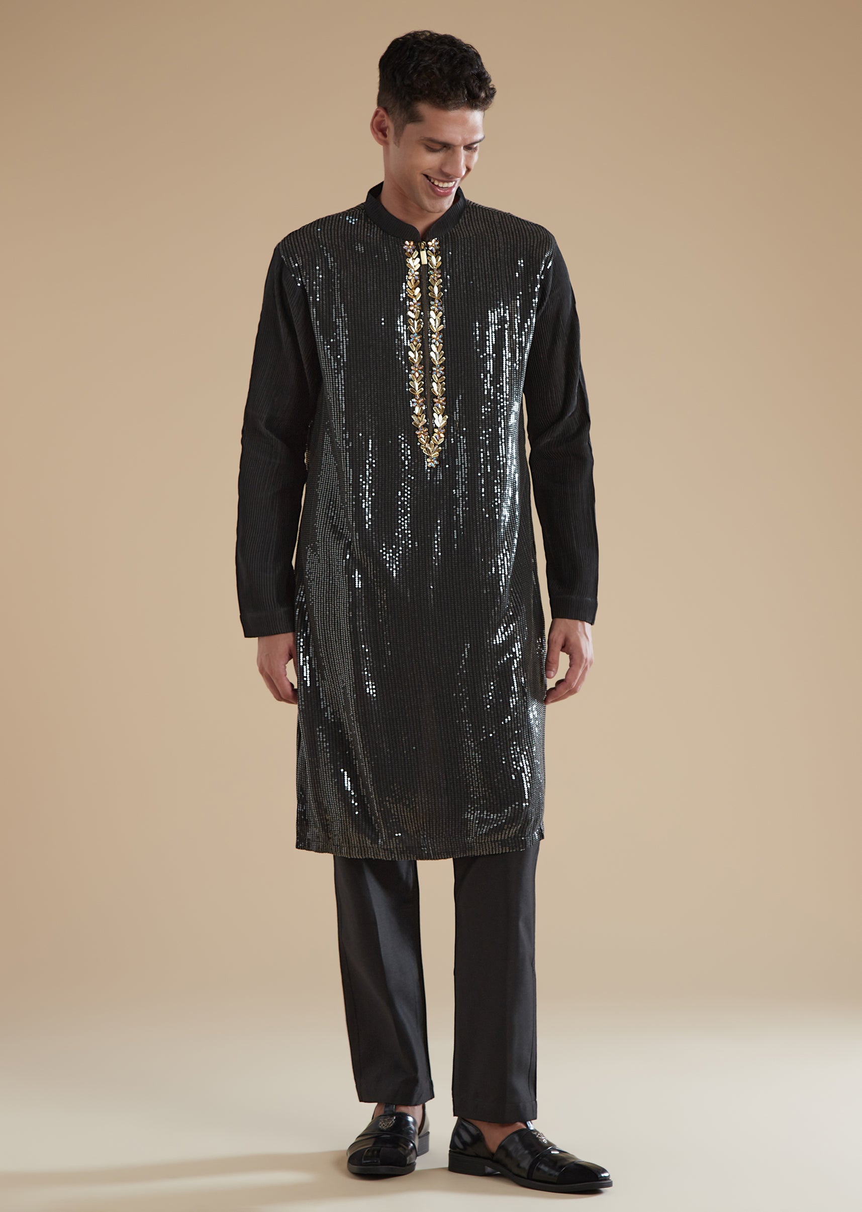 Black Kurta Set With Sequins Detail Work