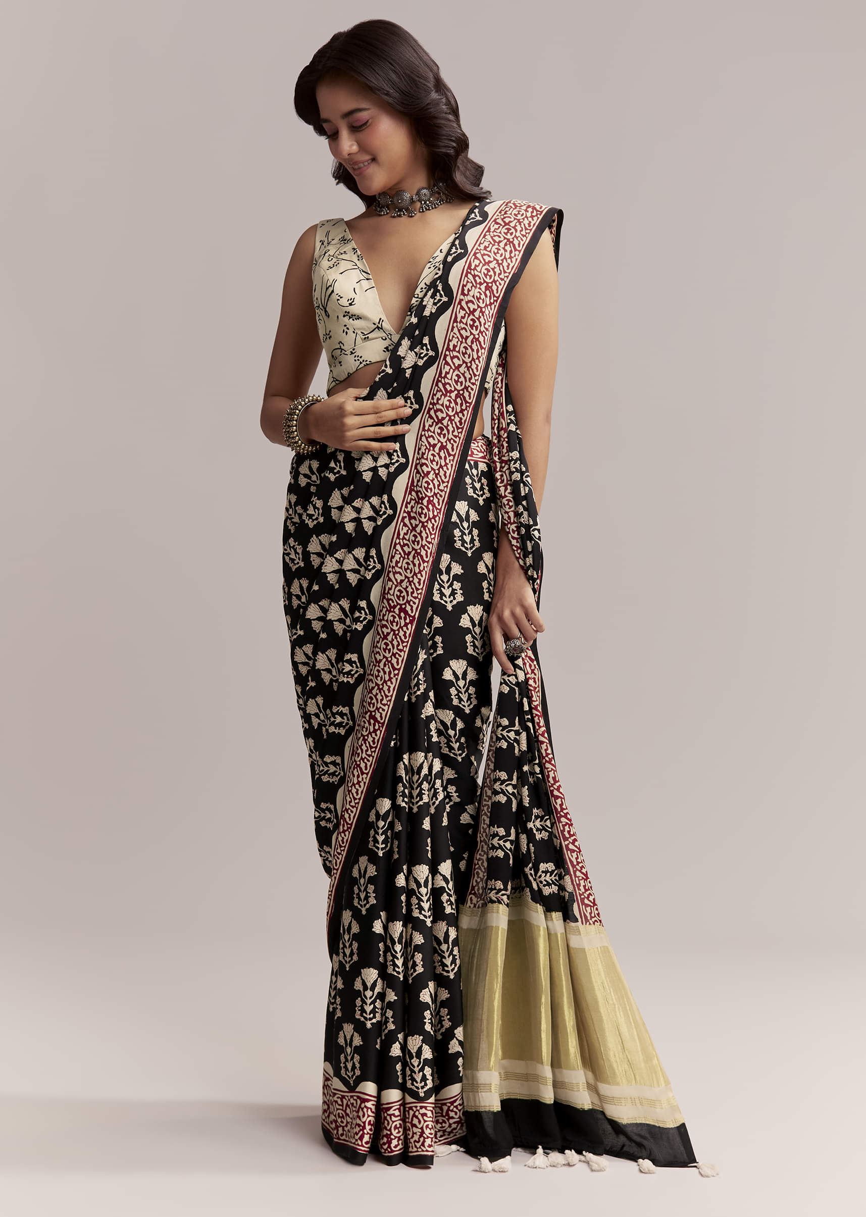 Black Linen Printed Saree With Hand Block Ajrakh Leaf Print