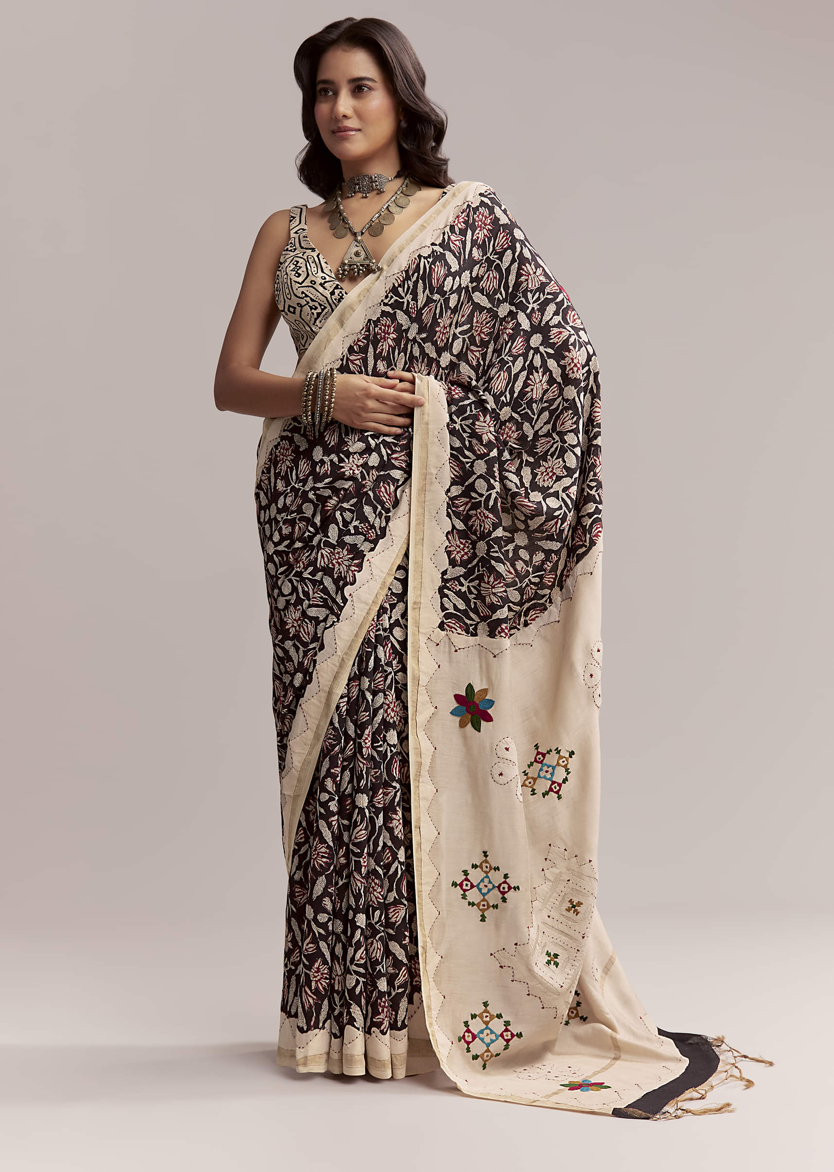 Black Linen Printed Saree With Heritage Floral Ajrakh Print