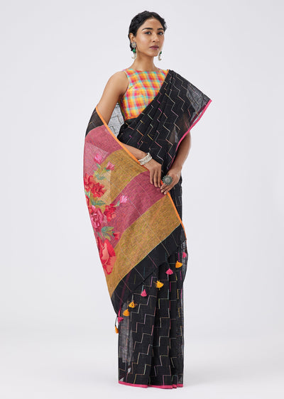 Black Linen Woven Saree With Unstitched Saree