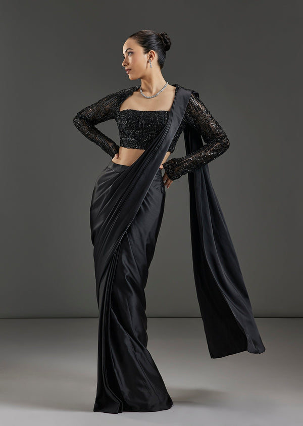 Black Milano Ready Pleated Saree With Embellished Full Sleeve Blouse