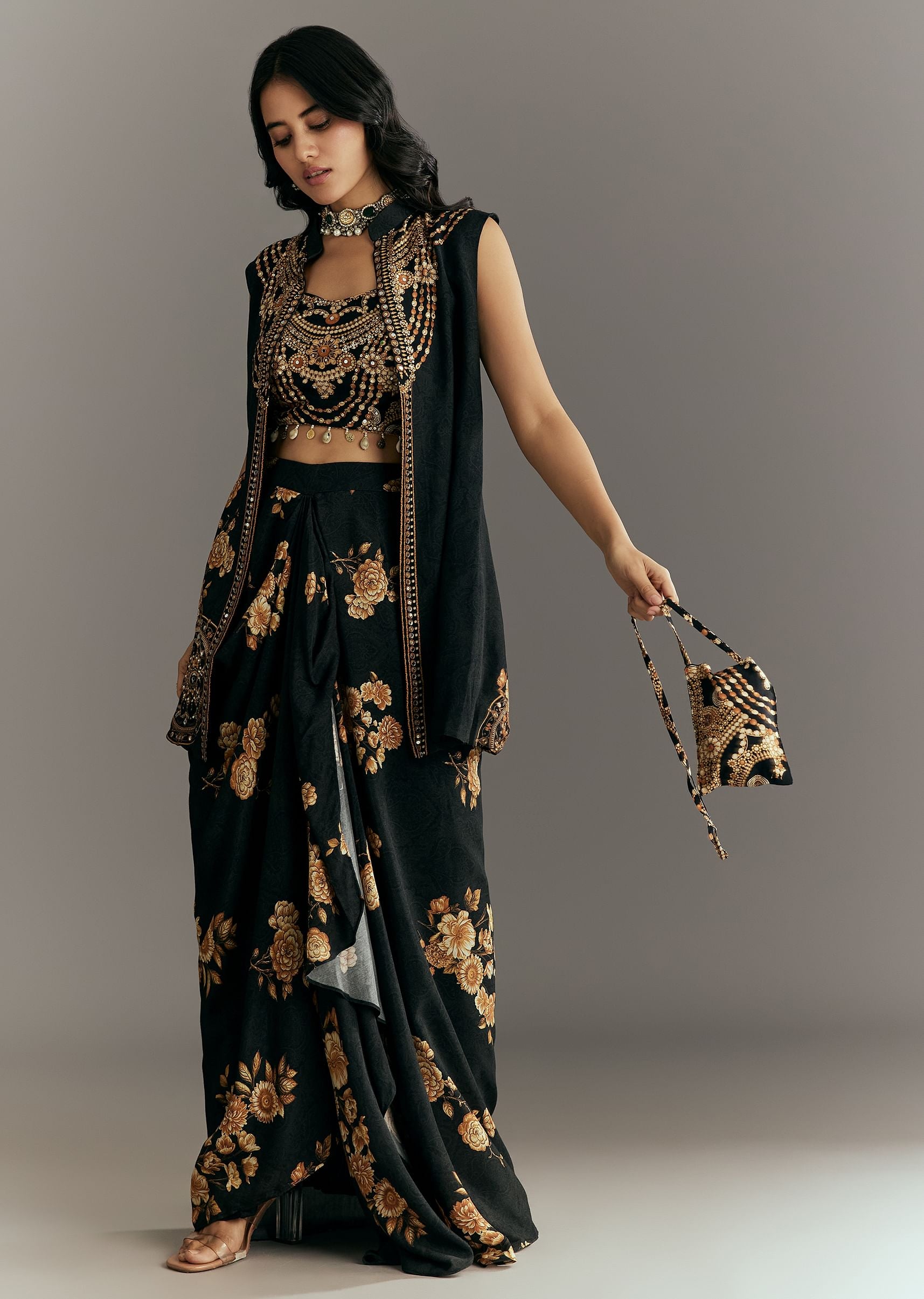 Black Muslin Croptop Set With Floral Printed Skirt Jacket