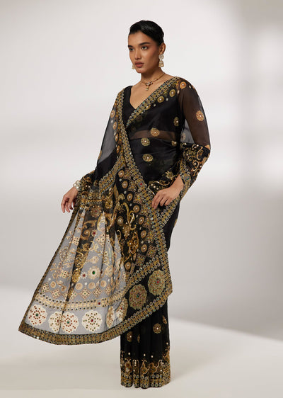 Black Organza Cutdana And Bead Embroidered Saree