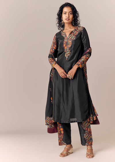 Black Printed Kurta Pant Set With Dupatta