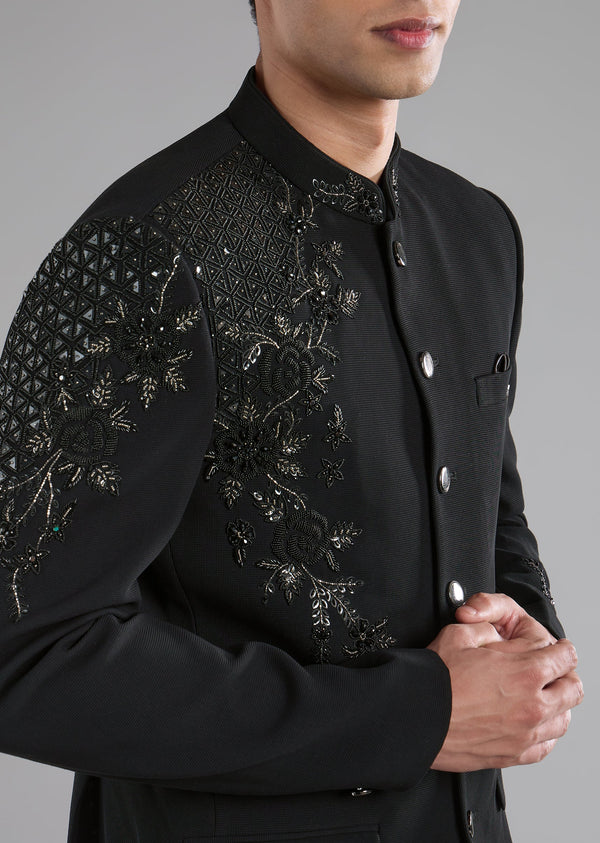 Black Rayon Jodhpuri Set with Stone Embellishments