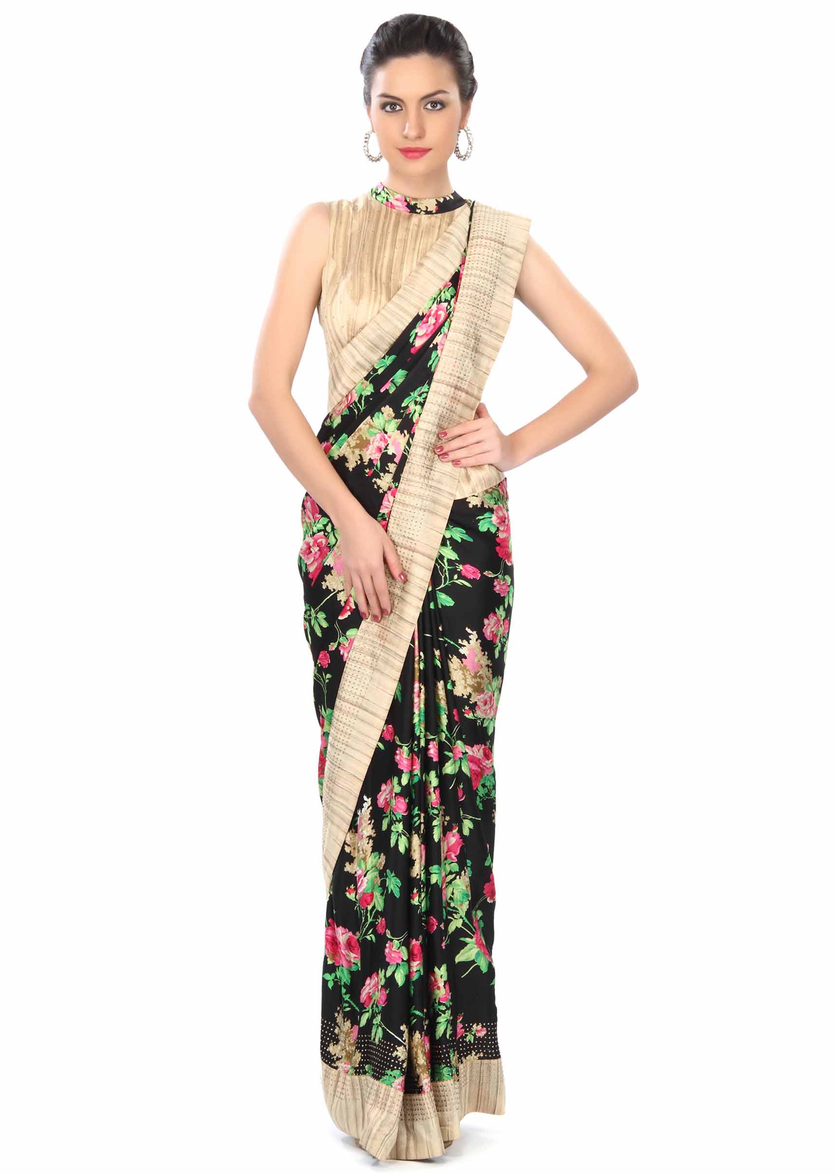 Black saree adorn in floral pinrt and silk border only on Kalki - KALKI Fashion India