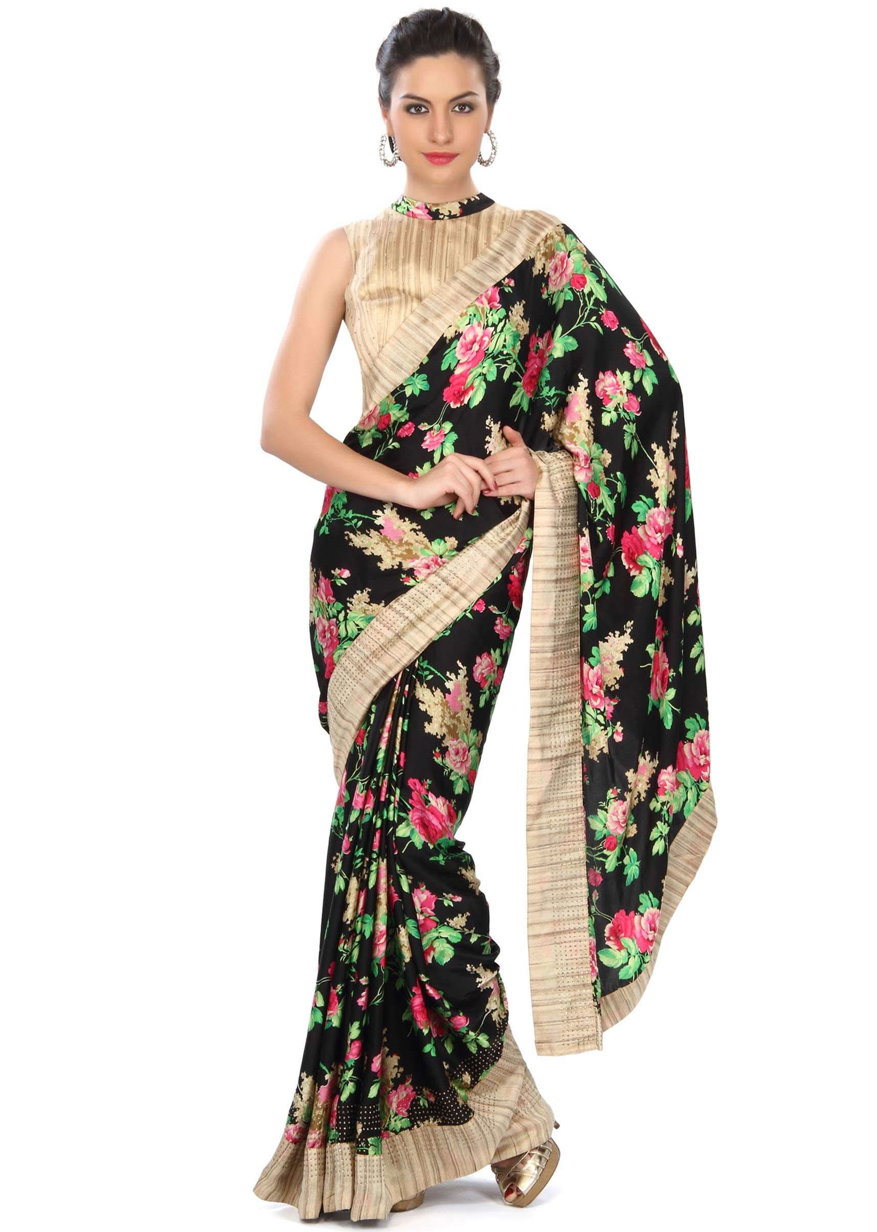 Black saree adorn in floral pinrt and silk border only on Kalki - KALKI Fashion India
