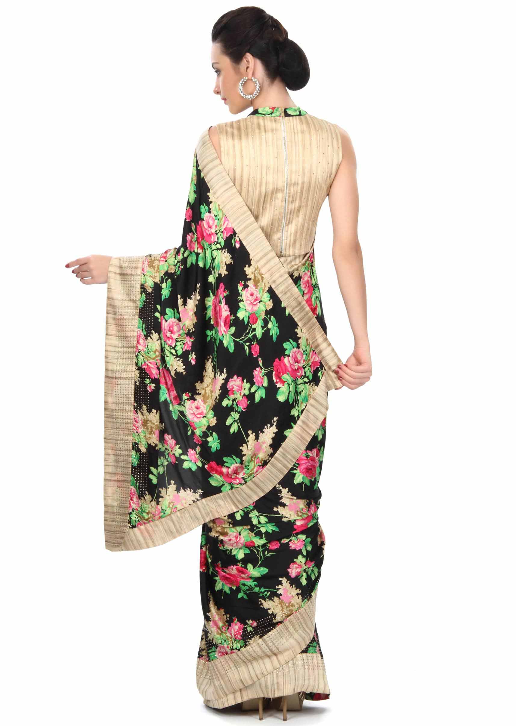 Black saree adorn in floral pinrt and silk border only on Kalki - KALKI Fashion India
