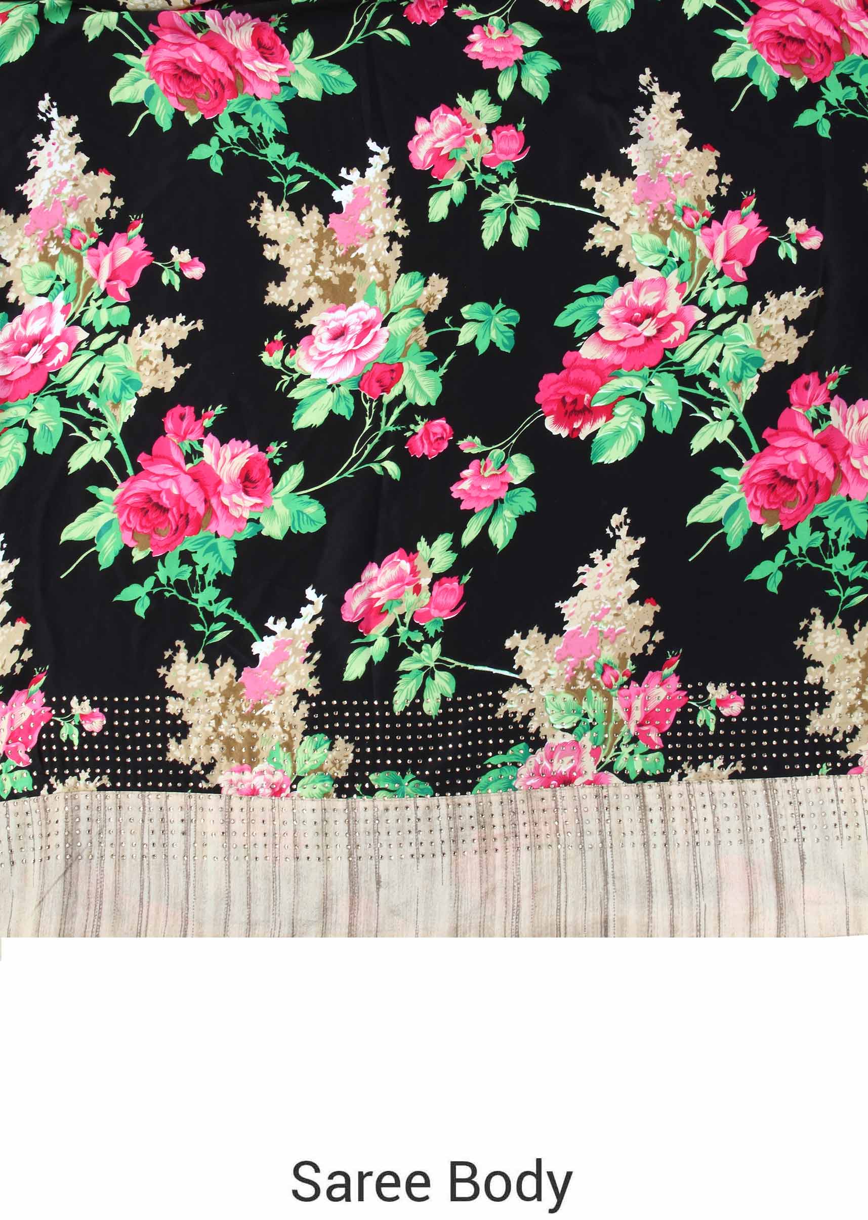 Black saree adorn in floral pinrt and silk border only on Kalki - KALKI Fashion India