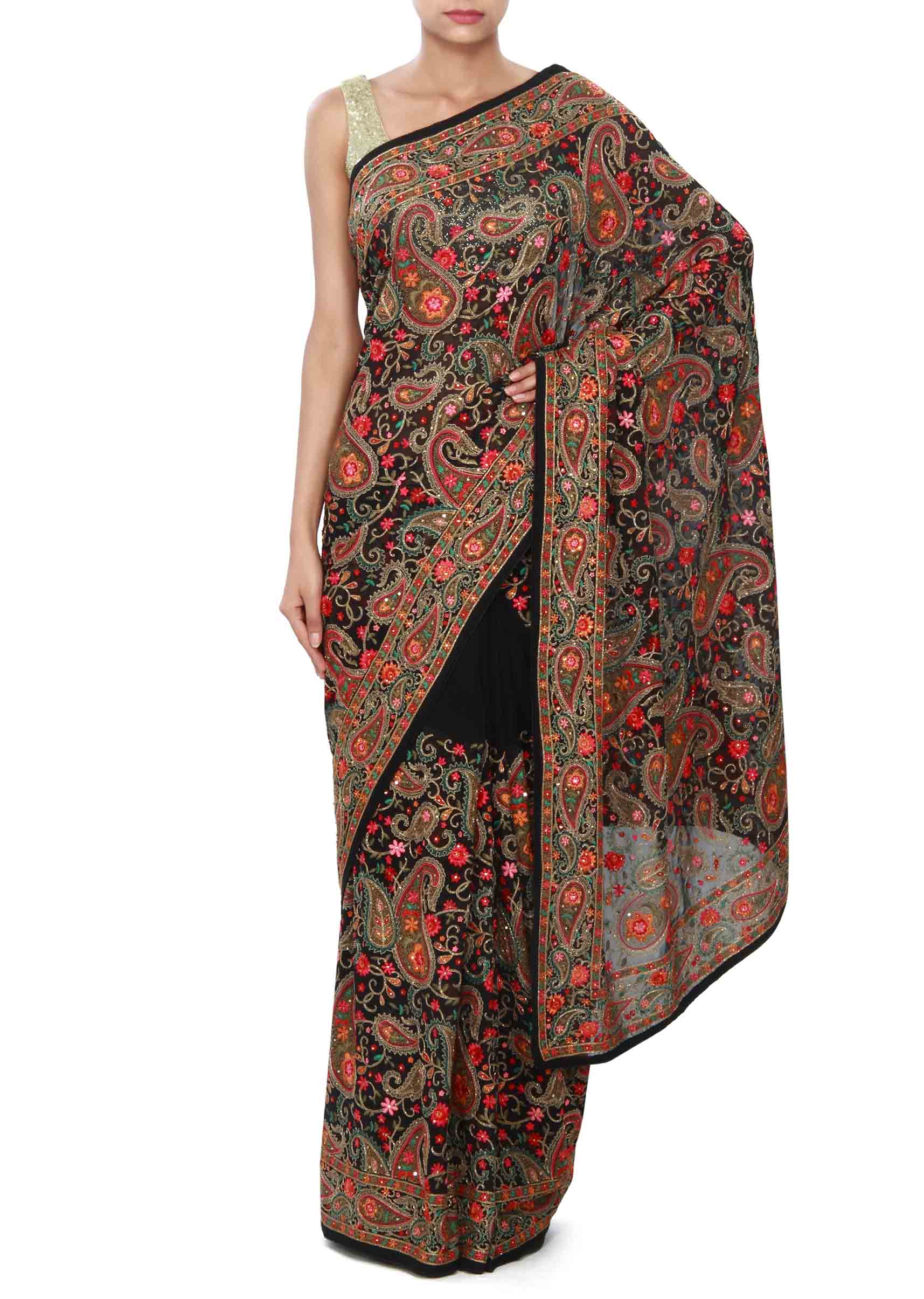 Black Saee With Resham Kashmiri Embroidery In Paisley Motif Online - Kalki Fashion - KALKI Fashion India