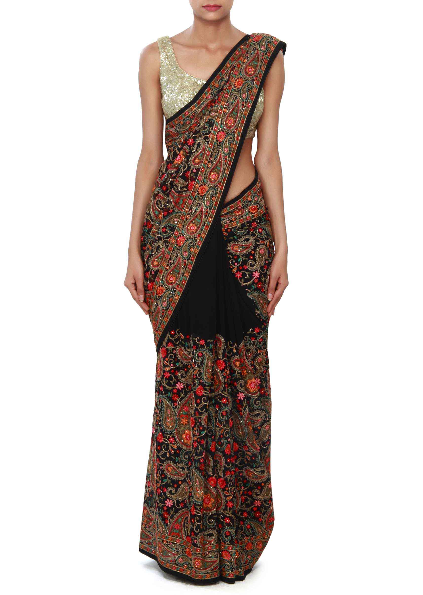 Black Saee With Resham Kashmiri Embroidery In Paisley Motif Online - Kalki Fashion - KALKI Fashion India