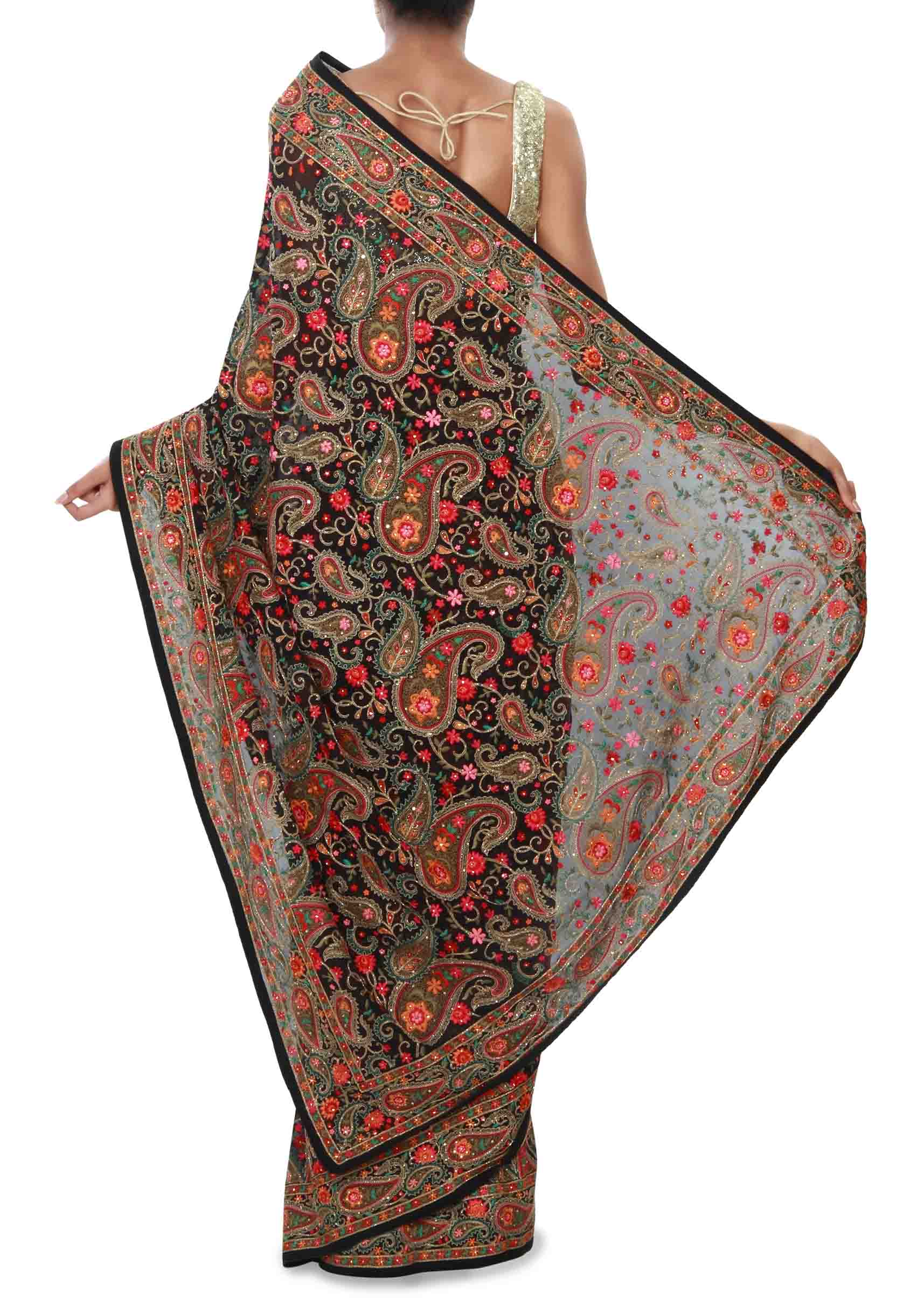 Black Saee With Resham Kashmiri Embroidery In Paisley Motif Online - Kalki Fashion - KALKI Fashion India