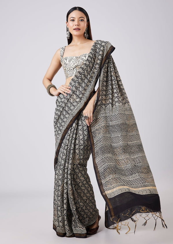 Black Saree with Hand Painted Floral Motif and Blouse