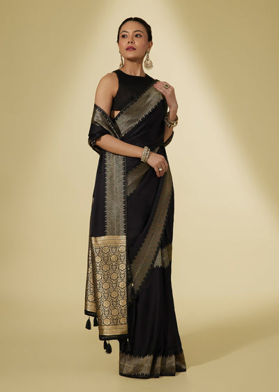 Black Satin Gold Zari Woven Saree With Abstract Border And Pallu