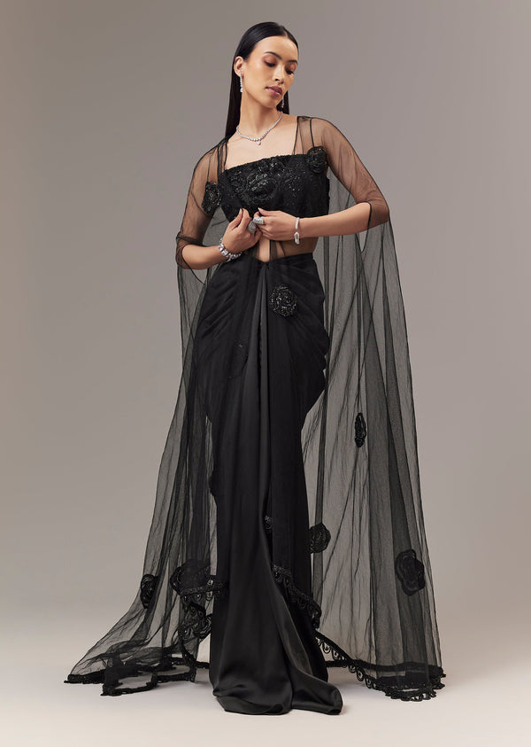 Black Satin Indo Western Crop Top And Draped Skirt Set With Cape