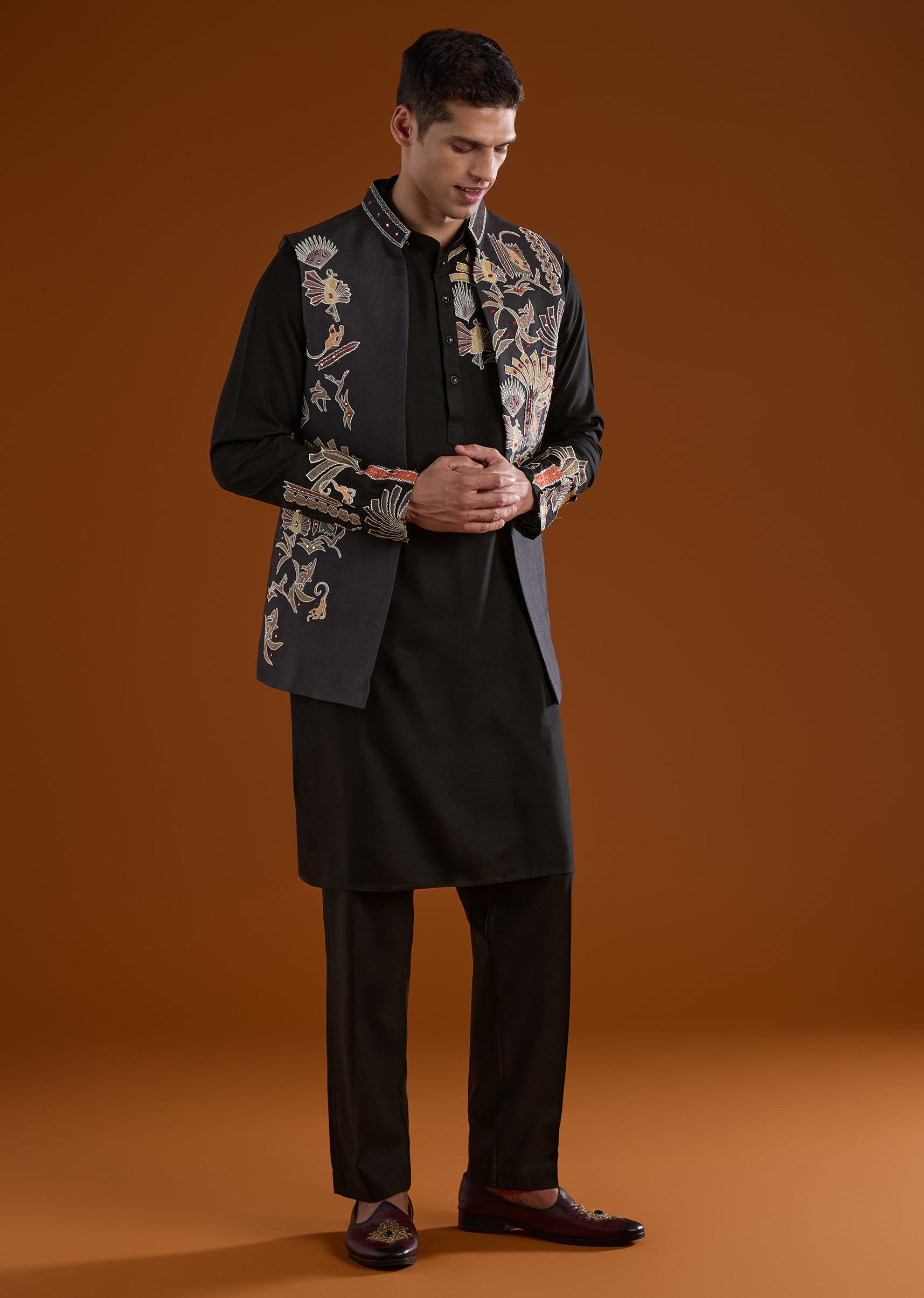 black-silk-kurta-jacket-set-with-thread-and-mirror-work-sg328631-1