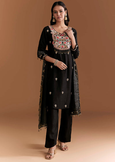 Black Silk Kurta Set With Zardosi And Resham Embroidery