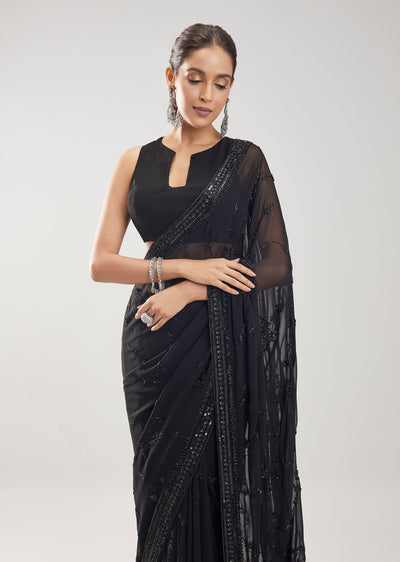 Black Silk Saree With Cut Dana And Sequin Embellished Jaal Work