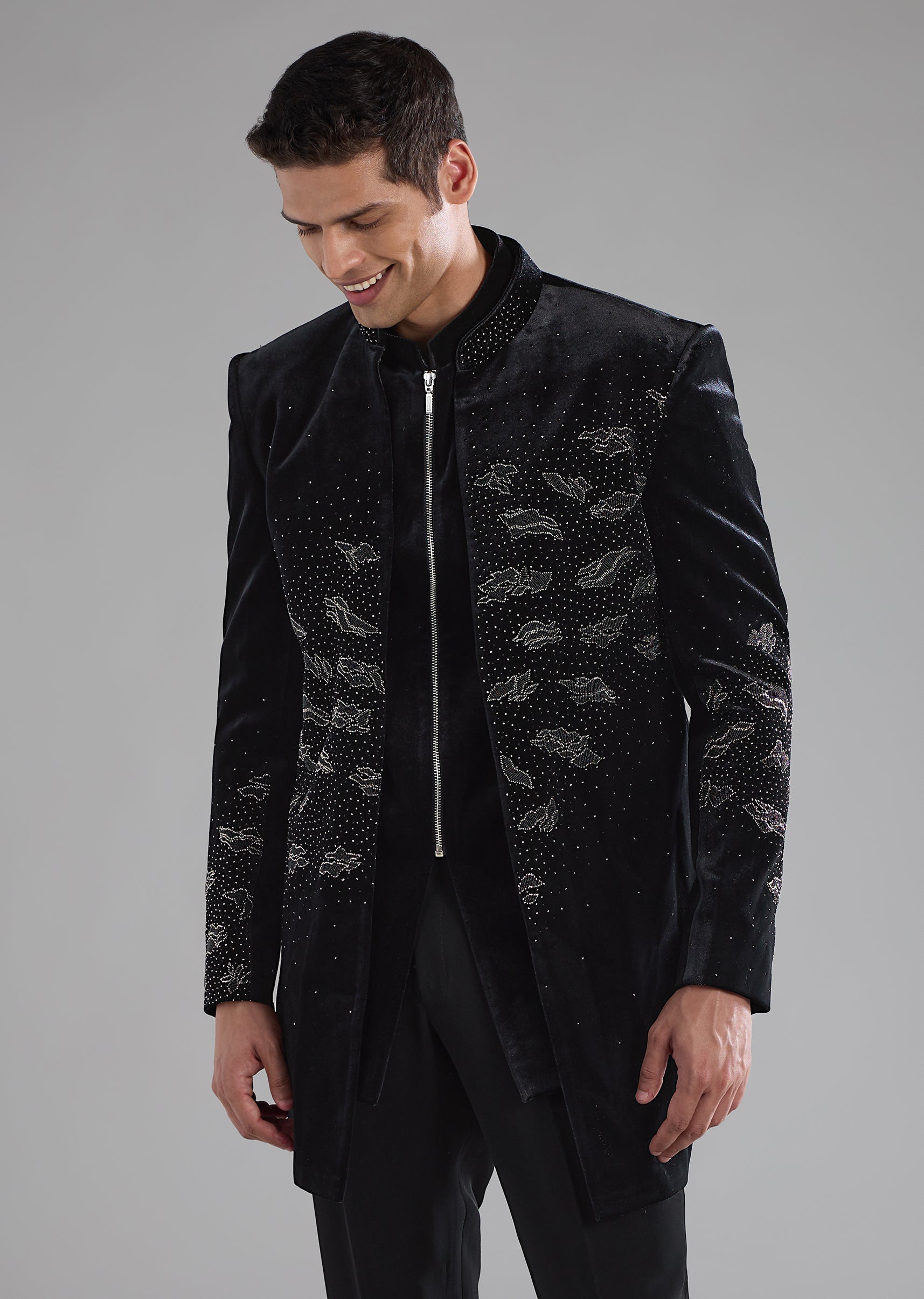 Buy Black Velvet Indowestern Jacket Set with Bead Work | KALKI
