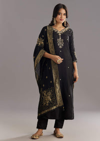 Black Viscose Silk Kurta Set With Zari Moti and Cut Dana Work
