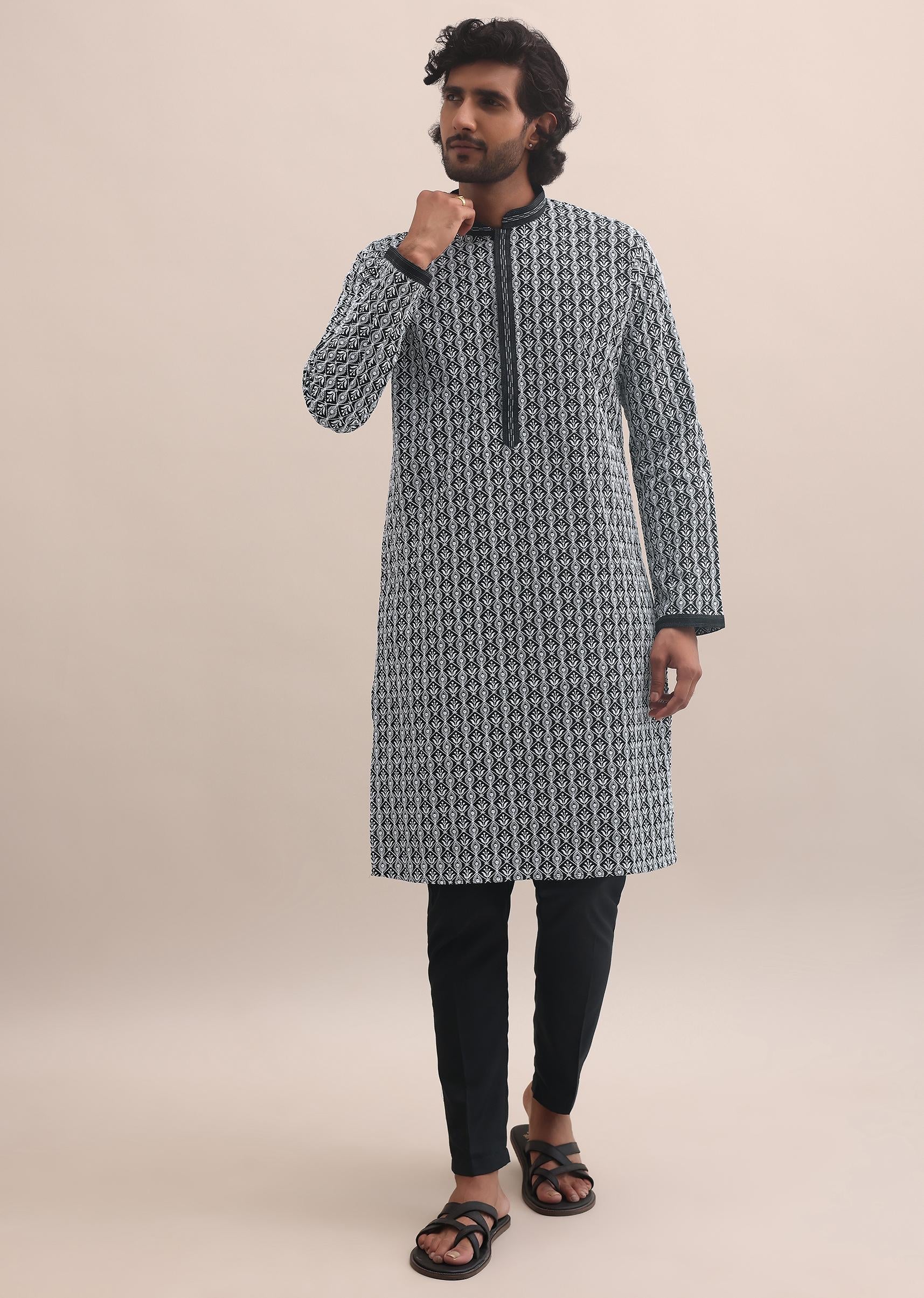 black and white lucknowi cotton kurta set for-sg227571 1