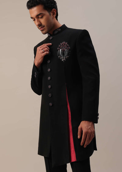 black asymmetric indowestern with french knots-sg171288 14