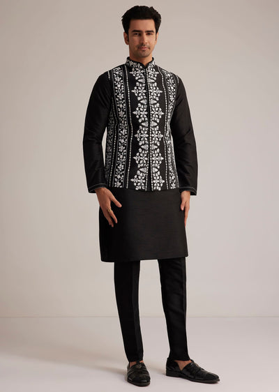 black cotton silk embroidered jacket kurta set-sg263759 7