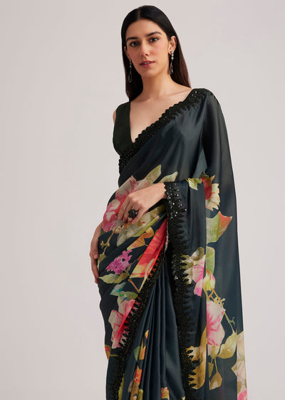 black floral printed satin saree with sequins-sg272119 13