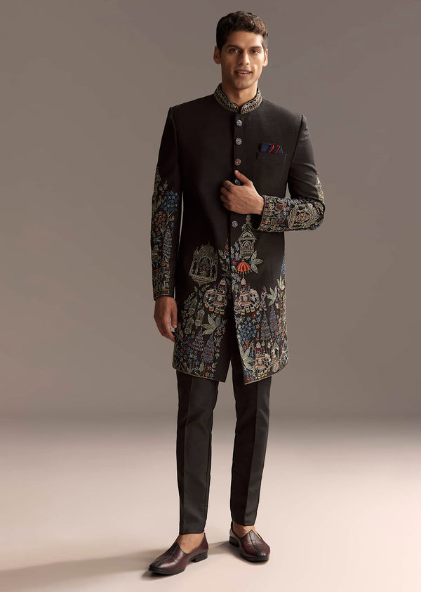 Black Indo Western Set For Men With Heavy Hand Embroidery