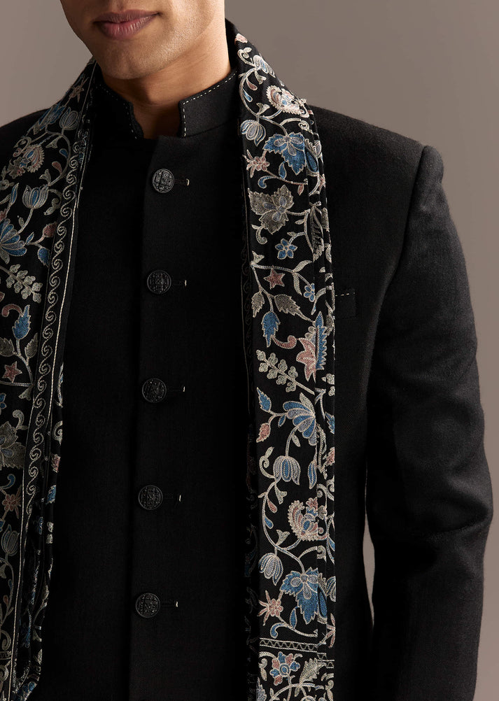 Boys Indo-western Cambridge blue and black jacquard with black churidar main image 0