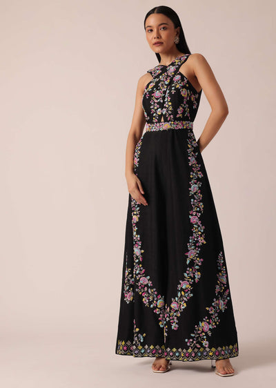 black jumpsuit with floral motif-sg183843 1