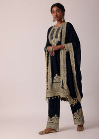 Black Pant Set In Chiffon With Zardozi Work Kurta