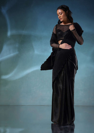 black satin polyester crush saree-sg147518 6