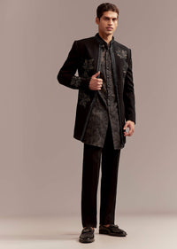 black silk indo western set for men with intricate leaf-sg356181-1 1