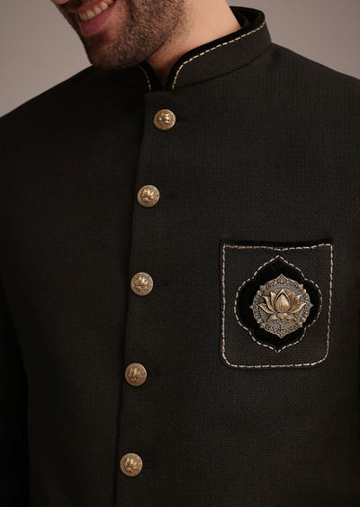 black silk kurta jacket set with patch work broach-sg258914 3