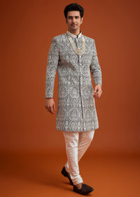 black silk sherwani set with embroidery and bead work-sg299843 6
