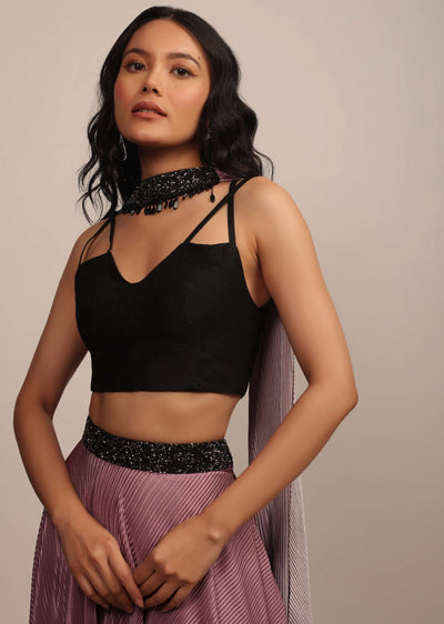 black strappy sleeveless raw silk blouse with v neckline-sg148033 2