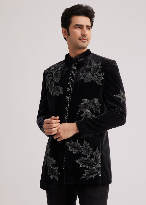 Black Velvet Indo Western Set With Abstract Motif And Cut Dana Work
