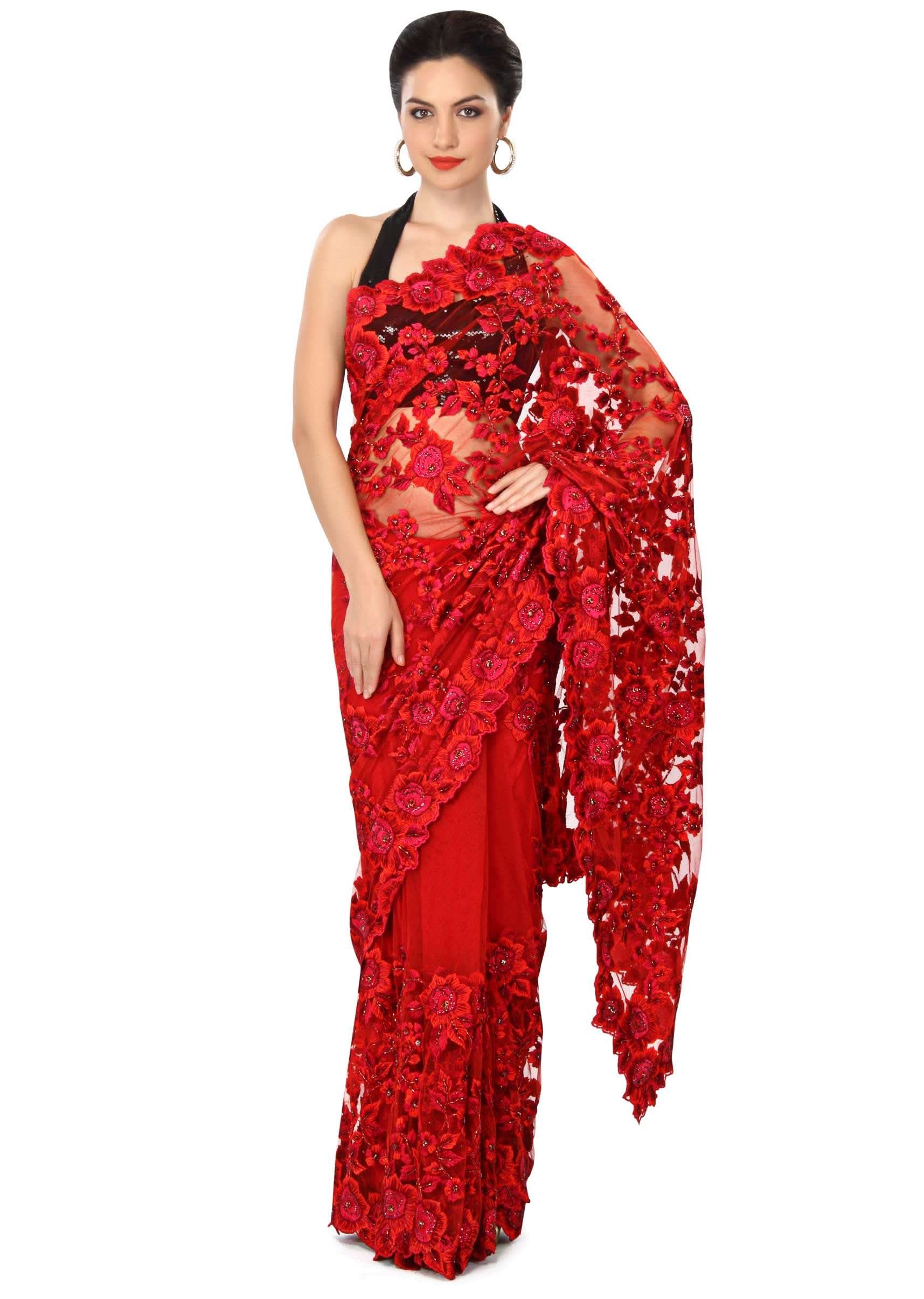 Blood red saree enhanced in resham embroidery only on Kalki - KALKI Fashion India