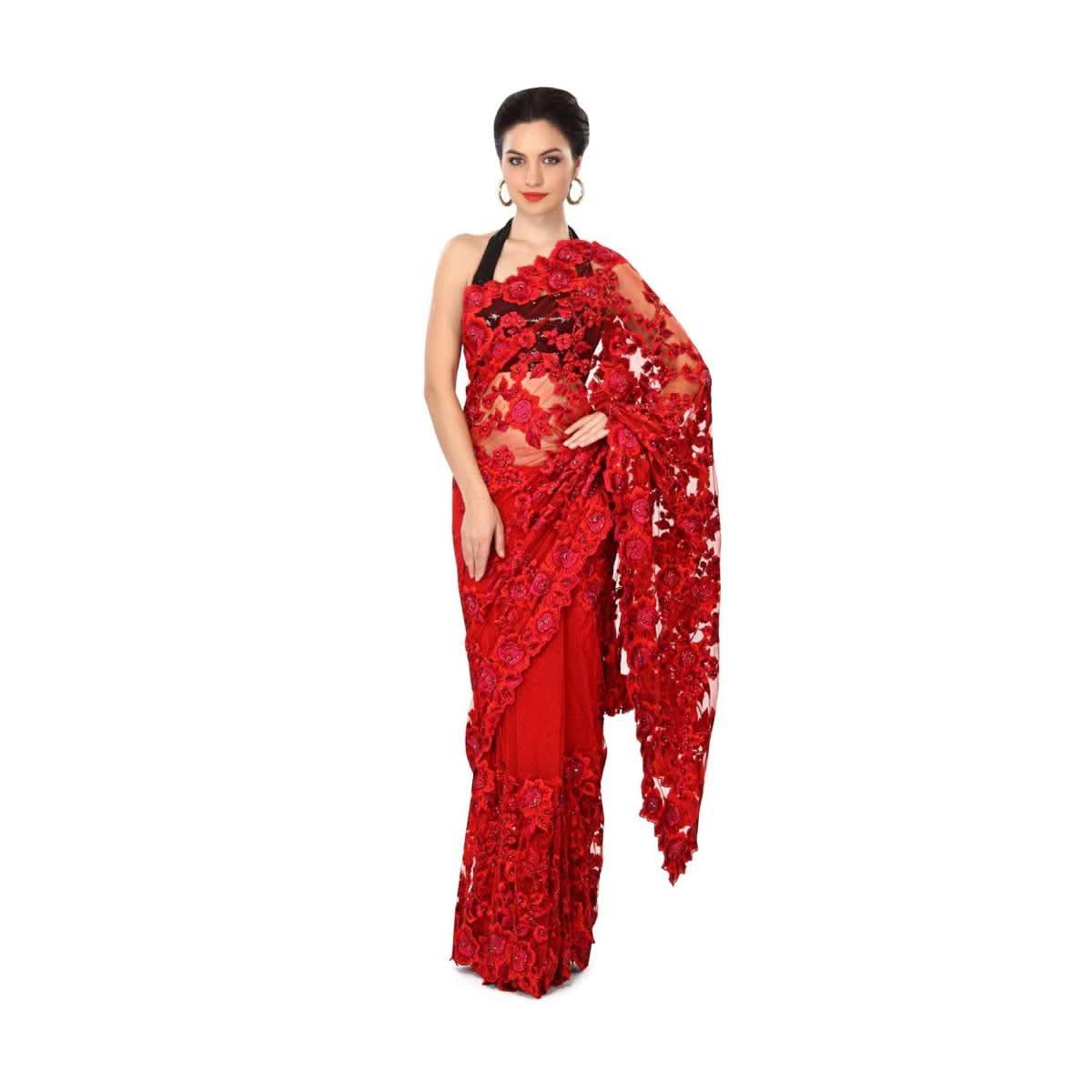 Blood red saree enhanced in resham embroidery only on Kalki - KALKI Fashion India
