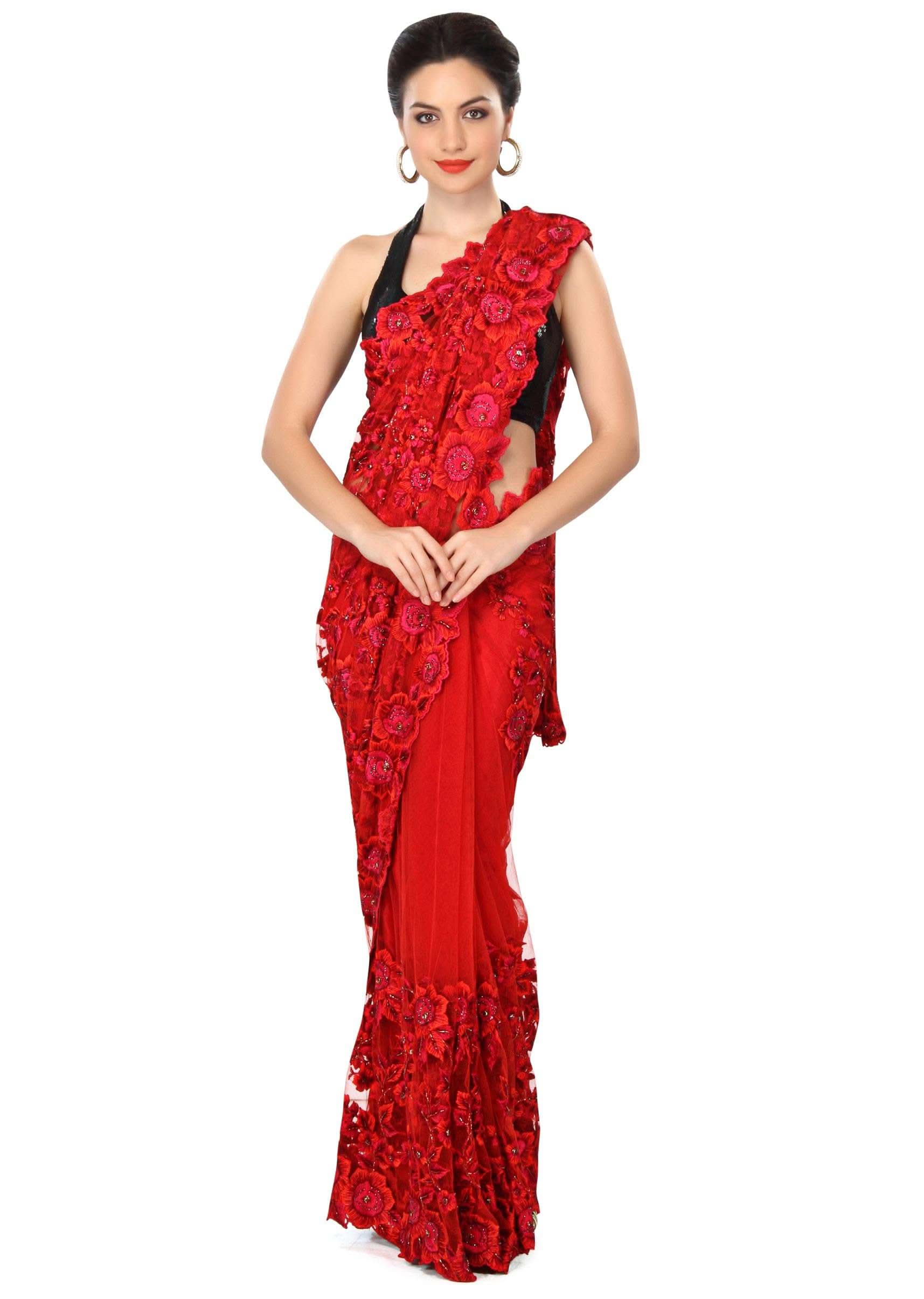 Blood red saree enhanced in resham embroidery only on Kalki - KALKI Fashion India