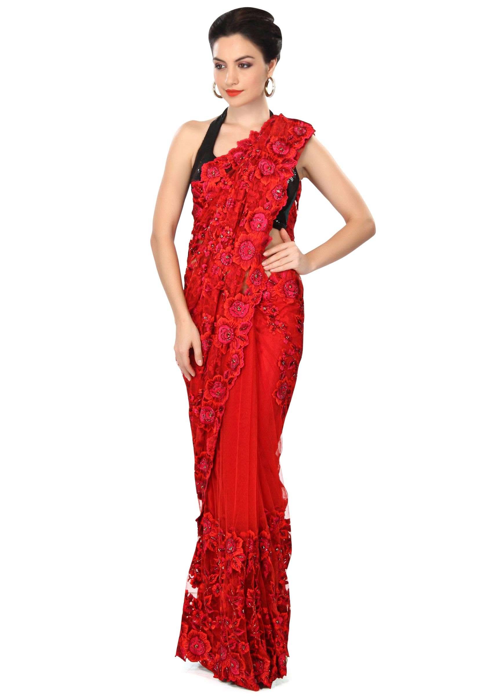 Blood red saree enhanced in resham embroidery only on Kalki - KALKI Fashion India