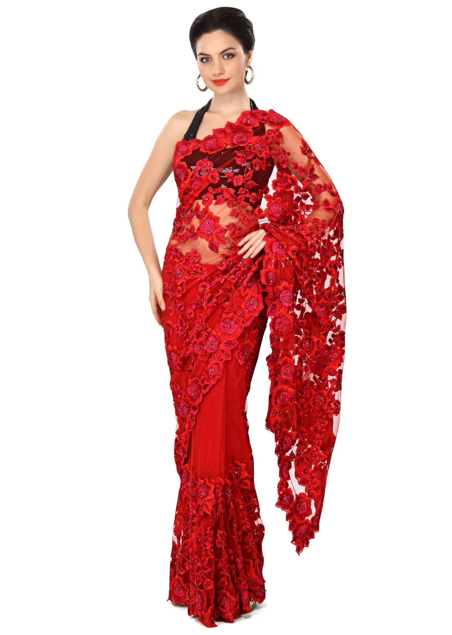 Blood red saree enhanced in resham embroidery only on Kalki - KALKI Fashion India