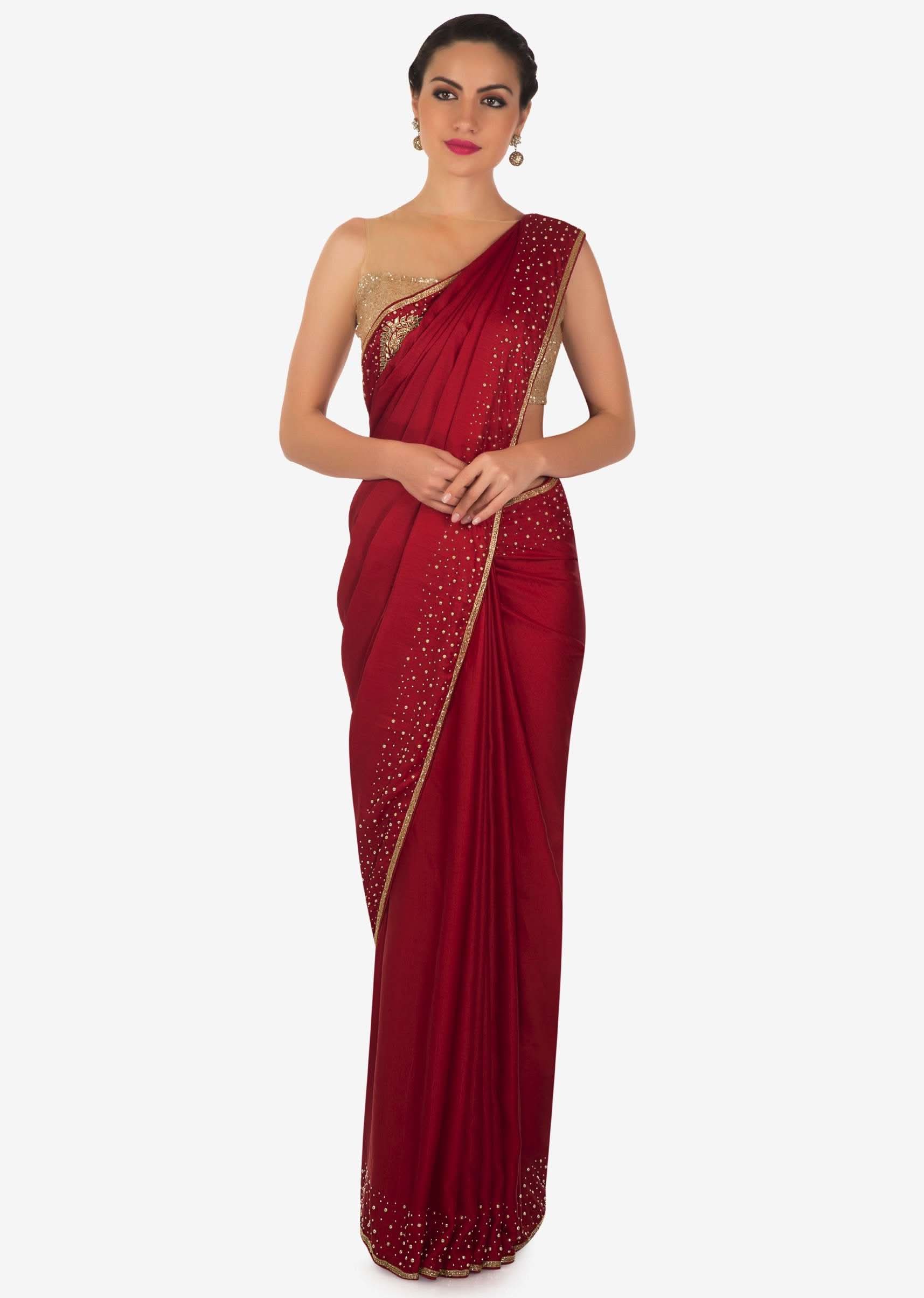 Blood red saree in satin chiffon with moti and zardosi embroidery only on Kalki - KALKI Fashion India
