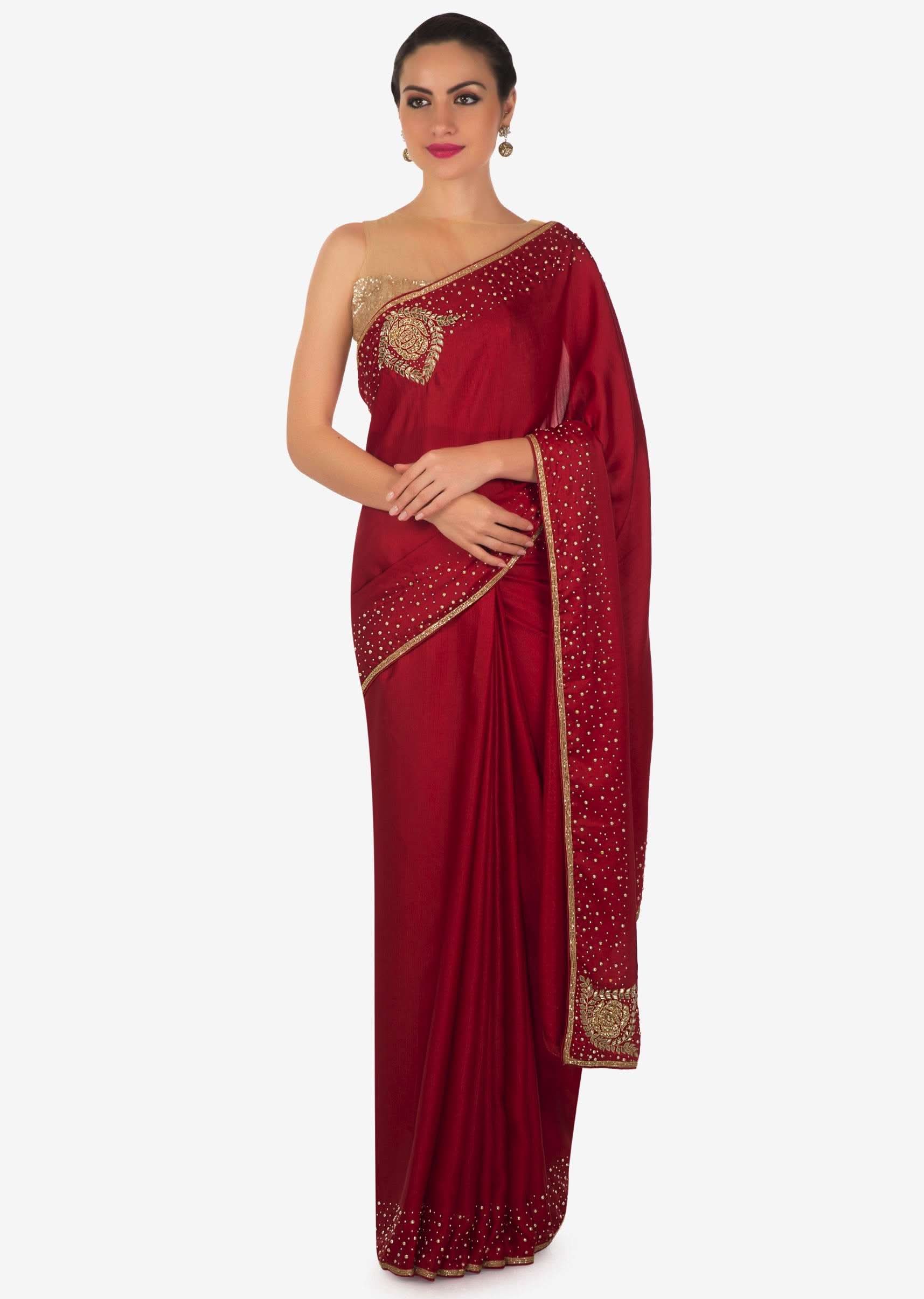 Blood red saree in satin chiffon with moti and zardosi embroidery only on Kalki - KALKI Fashion India