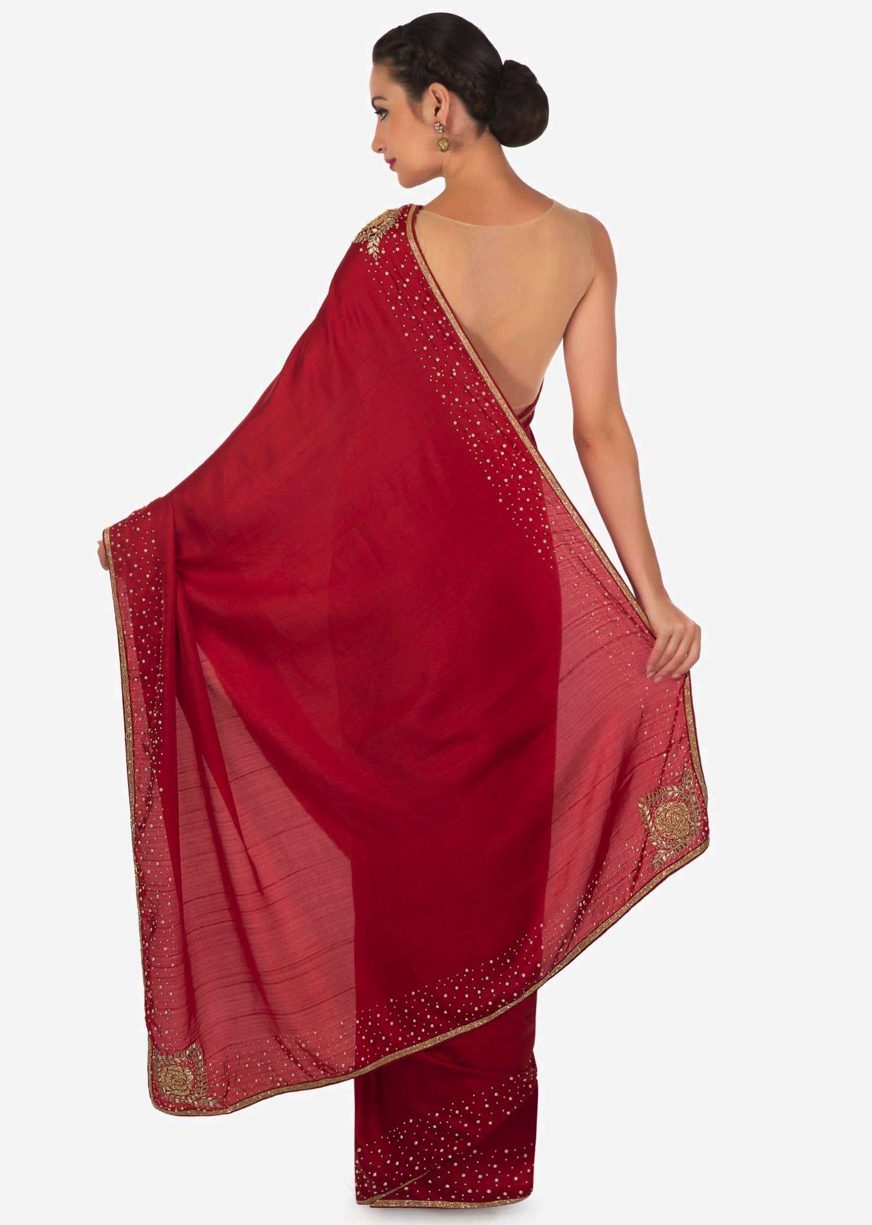 Blood red saree in satin chiffon with moti and zardosi embroidery only on Kalki - KALKI Fashion India